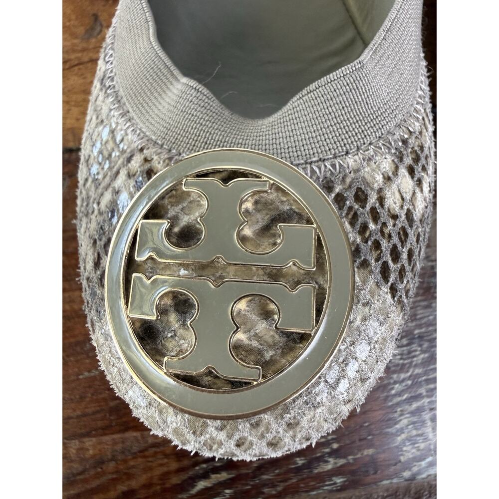 Tory Burch Reva Ballet Flats Haircalf Snakeskin Print Leather Shoes 7.5M Gold - Picture 4 of 16